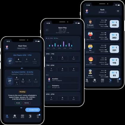 WhoPlays mobile screens showing court feed and scheduling